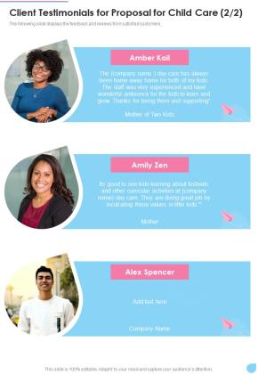 Client Testimonials For Proposal For Child Care One Pager Sample Example Document Slide02