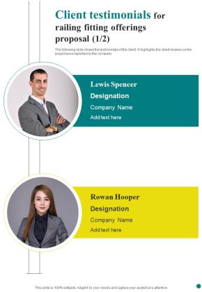 Client Testimonials For Railing Fitting Offerings Proposal One Pager Sample Example Document Slide01