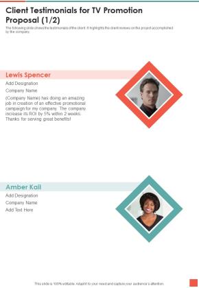 Client Testimonials For TV Promotion Proposal One Pager Sample Example Document Slide01