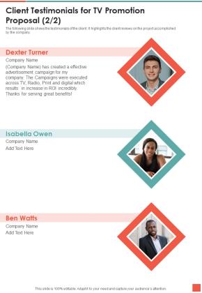 Client Testimonials For TV Promotion Proposal One Pager Sample Example Document Slide02