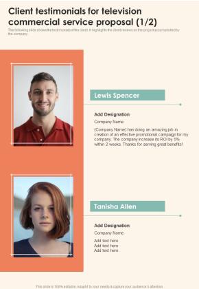 Client Testimonials For Television Commercial Service One Pager Sample Example Document Slide01