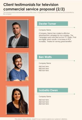 Client Testimonials For Television Commercial Service One Pager Sample Example Document Slide02