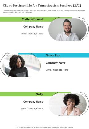Client Testimonials For Transpiration Services One Pager Sample Example Document Slide02