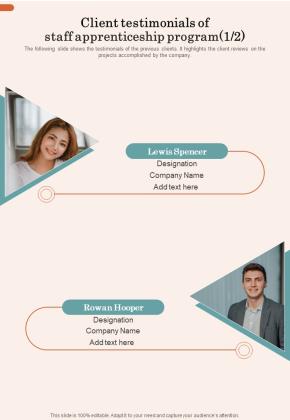 Client Testimonials Of Staff Apprenticeship Program One Pager Sample Example Document Slide01
