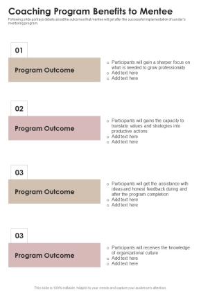 Coaching Program Proposal Coaching Program Benefits To Mentee One Pager Sample Example Document Slide01