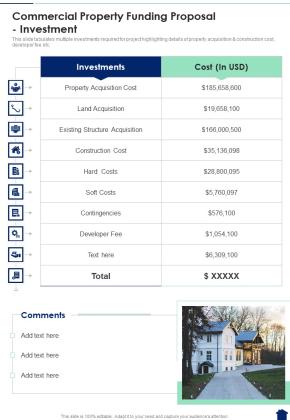 Commercial Property Funding Proposal Investment One Pager Sample Example Document Slide01