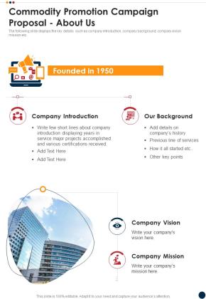 Commodity Promotion Campaign Proposal About Us One Pager Sample Example Document Slide01