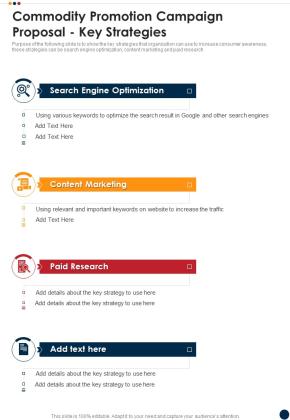 Commodity Promotion Campaign Proposal Key Strategies One Pager Sample Example Document Slide01