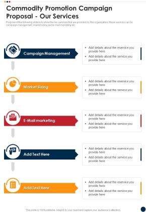 Commodity Promotion Campaign Proposal Our Services One Pager Sample Example Document Slide01
