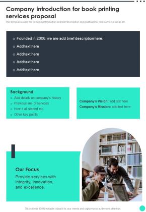 Company Introduction For Book Printing Services Proposal One Pager Sample Example Document Slide01