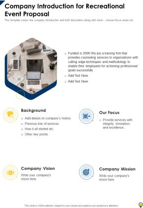 Company Introduction For Recreational Event Proposal One Pager Sample Example Document Slide01