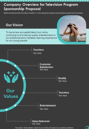 Company Overview For Television Program Sponsorship Proposal One Pager Sample Example Document Slide01