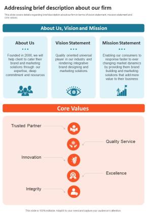 Company Reputation Development And Awareness Creation Addressing Brief Description One Pager Sample Example Document Slide01