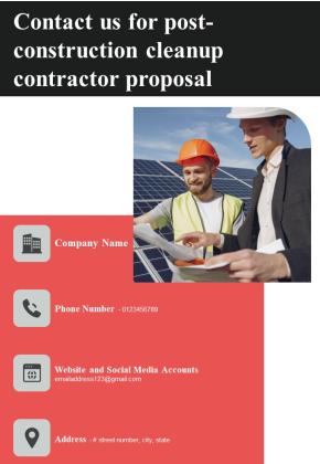 Contact Us For Post Construction Cleanup Contractor Proposal One Pager Sample Example Document Slide01