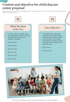 Context And Objective For Child Daycare Center Proposal One Pager Sample Example Document Slide01