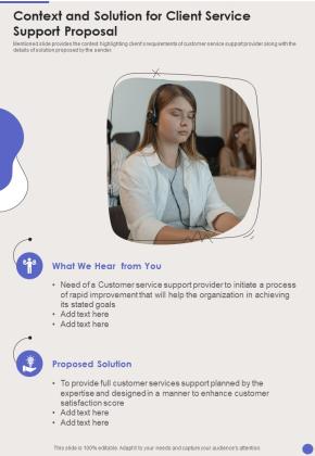 Context And Solution For Client Service Support Proposal One Pager Sample Example Document Slide01