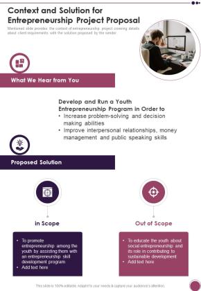 Context And Solution For Entrepreneurship Project Proposal One Pager Sample Example Document Slide01