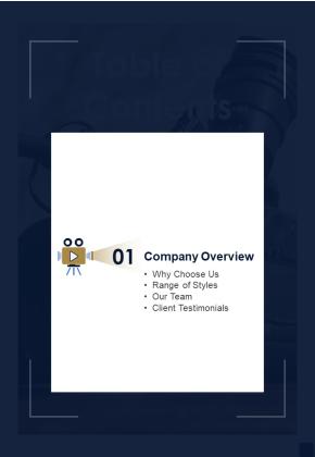 Corporate Photography And Videography Services Table Of Contents One Pager Sample Example Document Slide01