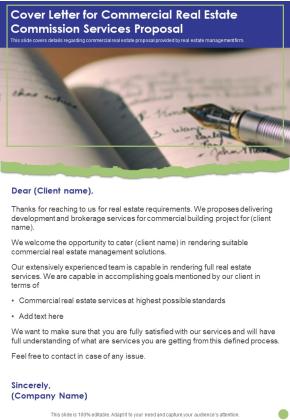 Cover Letter For Commercial Real Estate Commission Services Proposal One Pager Sample Example Document Slide01