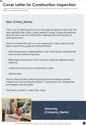 Cover Letter For Construction Inspection One Pager Sample Example Document Slide01