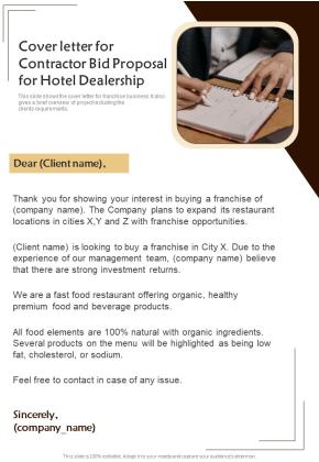 Cover Letter For Contractor Bid Proposal For Hotel Dealership One Pager Sample Example Document Slide01