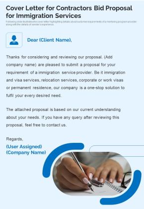 Cover Letter For Contractors Bid Proposal For Immigration Services One Pager Sample Example Document Slide01