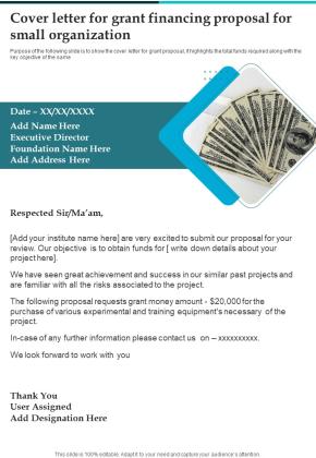 Cover Letter For Grant Financing Proposal For Small Organization One Pager Sample Example Document Slide01