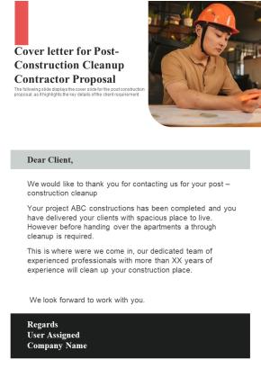 Cover Letter For Post Construction Cleanup Contractor Proposal One Pager Sample Example Document Slide01