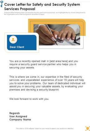 Cover Letter For Safety And Security System Services Proposal One Pager Sample Example Document Slide01