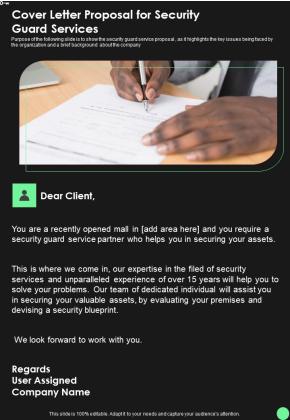 Cover Letter Proposal For Security Guard Services One Pager Sample Example Document Slide01