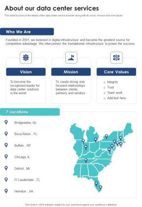 Data Center Services Contractor Bid Proposal About Our Data Center One Pager Sample Example Document Slide01