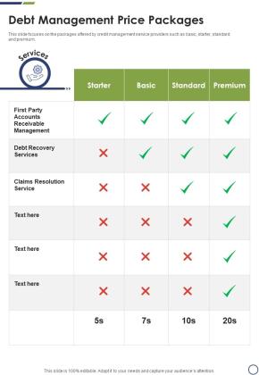 Debt Management Price Packages One Pager Sample Example Document Slide01