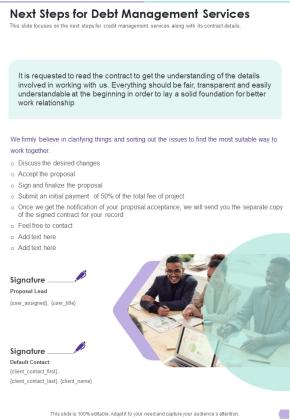 Debt Management Process Next Steps For Debt Management Services One Pager Sample Example Document Slide01