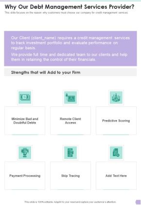 Debt Management Process Why Our Debt Management Services Provider One Pager Sample Example Document Slide01