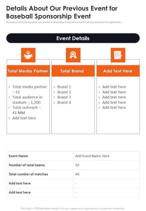Details About Our Previous Event For Baseball Sponsorship Event One Pager Sample Example Document Slide01