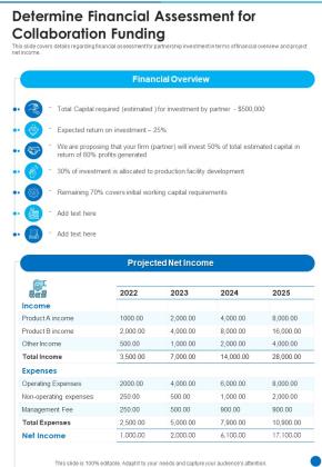 Determine Financial Assessment For Collaboration Funding One Pager Sample Example Document Slide01
