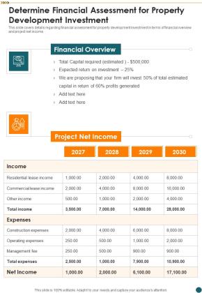 Determine Financial Assessment For Property Development Investment One Pager Sample Example Document Slide01