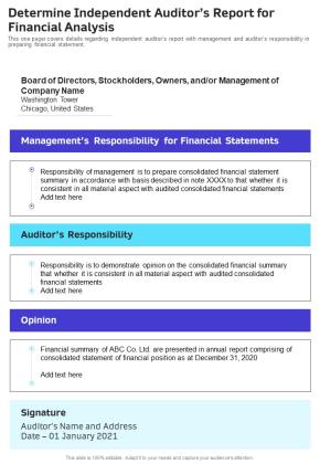 Determine Independent Auditors Report For Financial Analysis Template 17 One Pager Documents Slide01