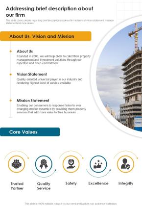 Developing Construction Funding Addressing Brief Description About Our Firm One Pager Sample Example Document Slide01
