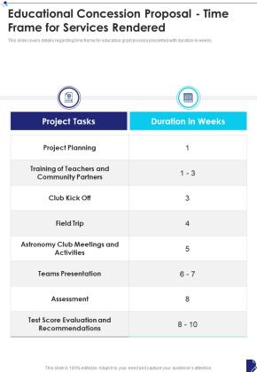 Educational Concession Proposal Time Frame For Services Rendered One Pager Sample Example Document Slide01