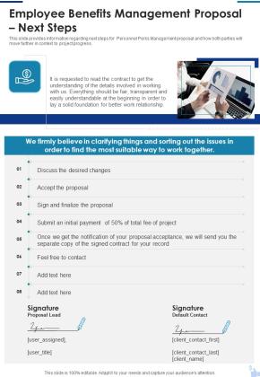 Employee Benefits Management Proposal Next Steps One Pager Sample Example Document Slide01