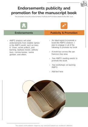 Endorsements Publicity And Promotion For The Manuscript Book One Pager Sample Example Document Slide01