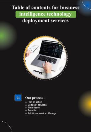 For Business Intelligence Technology Deployment Services Table Of Contents One Pager Sample Example Document Slide01