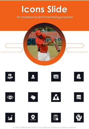 Icons Slide For Baseball Event Fundraising Proposal One Pager Sample Example Document Slide01