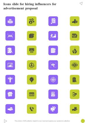 Icons Slide For Hiring Influencers For Advertisement Proposal One Pager Sample Example Document Slide01