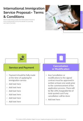 International Immigration Service Proposal Terms And Conditions One Pager Sample Example Document Slide01