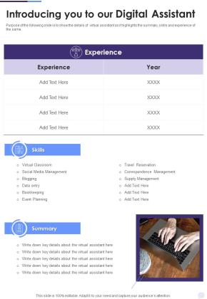 Introducing You To Our Digital Assistant One Pager Sample Example Document Slide01