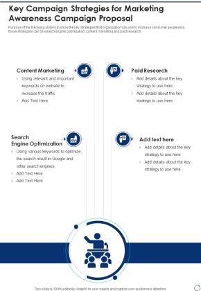 Key Campaign Strategies For Marketing Awareness Campaign Proposal One Pager Sample Example Document Slide01