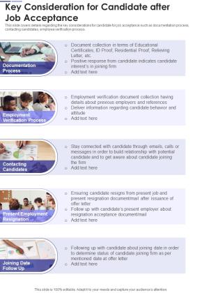 Key Consideration For Candidate After Job Acceptance One Pager Documents Slide01