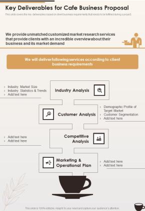 Key Deliverables For Cafe Business Proposal One Pager Sample Example Document Slide01